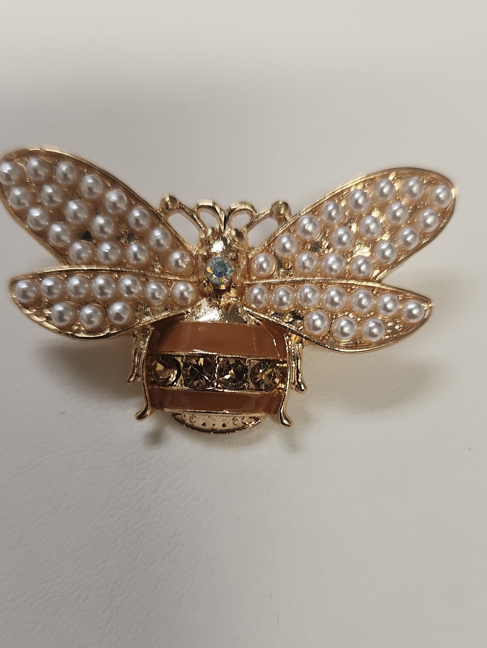 Gold Bee Brooch with White Pearls and Amber Accents